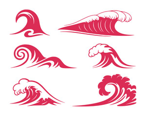 Fototapeta premium Collection of Stylized Red Waves on White Background
