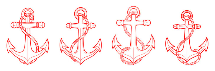 Four Red Line Art Anchors with Rope on White Background © Vectory Icons