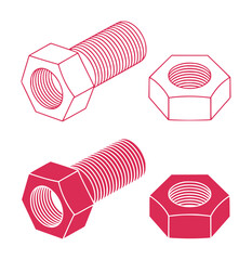 Red Hexagonal Bolts and Nuts on White Background