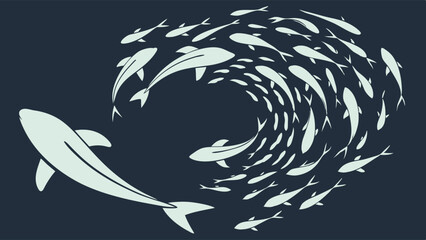 Big Fish Chasing Swirling School of Fish. Business Competition, Market Strategy, Teamwork, Cybersecurity, Data Protection.