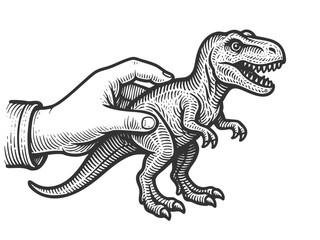 Fototapeta premium child hand holding a toy dinosaur figure, prehistoric adventure sketch engraving generative ai vector illustration. Scratch board. Black and white image.
