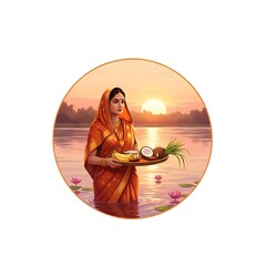 Beautiful woman worshiping sun god for Chhath Puja festival in India