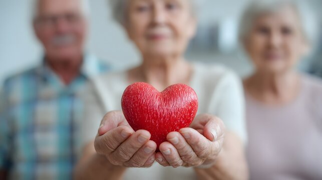 Elderly people hold a red heart on their hands