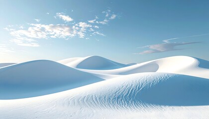 Serene white sand dunes under a clear blue sky with gentle clouds, creating a peaceful desert landscape