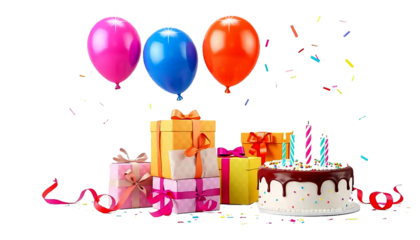 High-quality birthday elements including balloons, gifts, and cake with candles isolated on a transparent background. Perfect for digital design, greeting cards, and festive decorations.