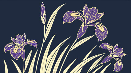 Vibrant Purple Iris Flowers Blooming Botanical Illustration. Elegant Spring Summer Floral Art for Web, Print, Luxury Branding, and Decor.