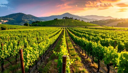 Lush vineyard landscape at sunset with rows of grapevines and rolling hills in the background