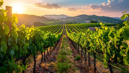 Fototapeta premium Lush vineyard rows stretching towards the sunset, showcasing vibrant grapevines and scenic hills