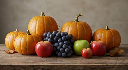 A rustic still life with gourds, grapes, and apples arranged on a wooden table