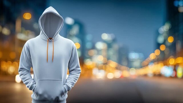 Hooded Figure in the City: An enigmatic figure cloaked in a hooded garment stands as a symbol of mystery against the dynamic backdrop of a bustling cityscape.