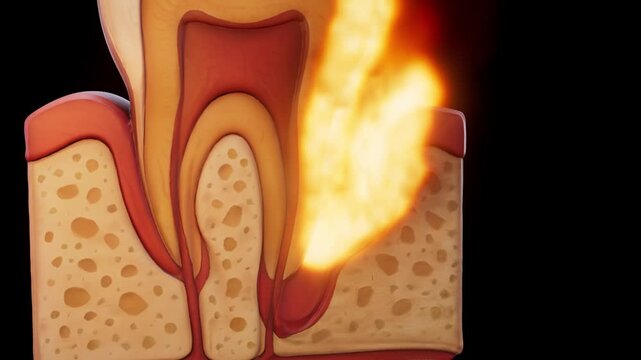 Conceptual 3D animation of periodontitis on fire