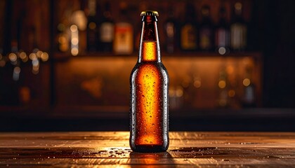 A chilled amber beer bottle stands on a wooden table, surrounded by a rustic bar with blurred bottles in the background