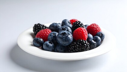 A vibrant assortment of fresh berries including blueberries, raspberries, and blackberries on a white plate