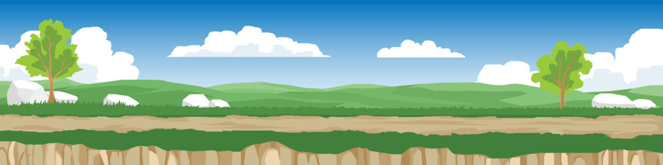 Horizontal or landscape of path is a dirt road. The front is a cliff seam. The background is full of green areas and green hills. Under blue sky and white clouds. for banner background.
