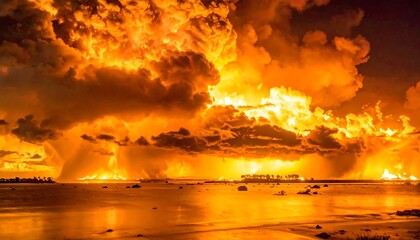 A dramatic scene of a fiery explosion over ocean with ominous clouds, rocks, and trees