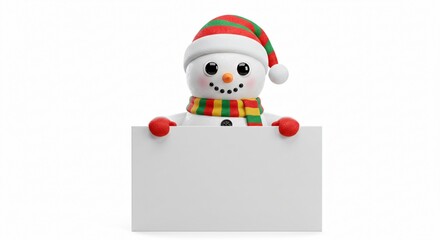 Cheerful Snowman Wearing a Santa Hat and Scarf Holds a Blank Sign