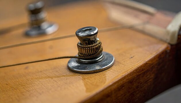 Close-up of a guitar tuning peg showcasing intricate details and craftsmanship against a blurred background - Powered by Adobe