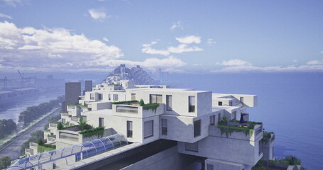 Fototapeta premium A unique architectural design features geometric forms and lush greenery. It overlooks the ocean and offers views of the skyline and distant hills under a bright sky.