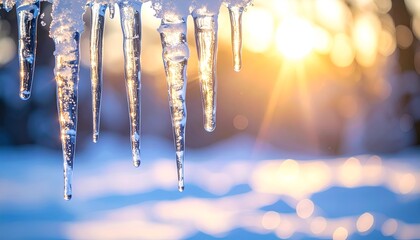 Glimmering icicles hang from a snowy edge, illuminated by a warm sunset in a serene winter landscape