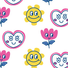 Cute cartoon sun flowers and hearts with blue outlines on white background mothers day illustration