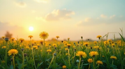 Fototapeta premium Golden Hour Dandelions A Field of Sunshine and Blossoms at Sunset, Showing Vibrant Yellow Flowers and Lush Greenery
