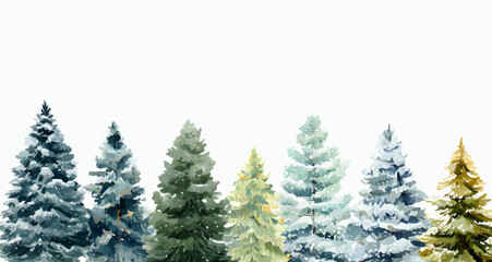 Obraz premium Winter border with forest fir trees.Forest snowy fir trees on isolated background.Template for winter and Christmas designs. Vector illustration.
