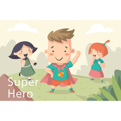 Joyful Cartoon Children Celebrating Super Hero Day Outdoors with Bright Colors and Soft Clouds in the Background