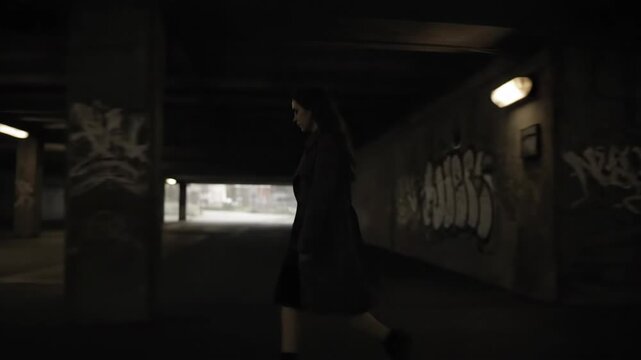 A woman walking through an urban underpass or tunnel, feeling burnout and depression, a solitary journey footage.