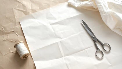 Scissors resting on a white fabric with a spool of thread and twine on a textured background