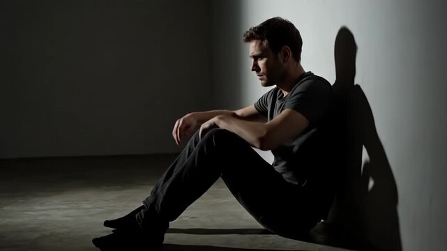 Exhausted man feeling burnout and depression, sitting alone on floor with head down, then looking up, sad.
