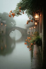 On a foggy day, streetlights hang on the walls of buildings in the water town, and orange flowers are next to them.