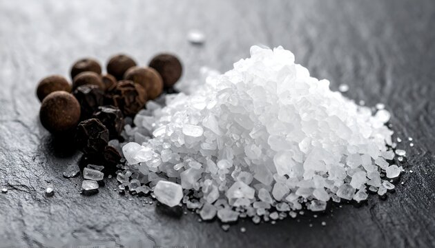 Close-up of coarse sea salt and black peppercorns on a textured dark surface, ideal for culinary use