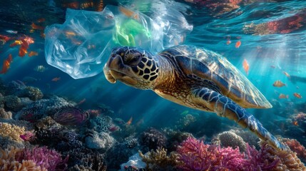 Obraz premium Majestic Sea Turtle Swimming Through Colorful Coral Reef