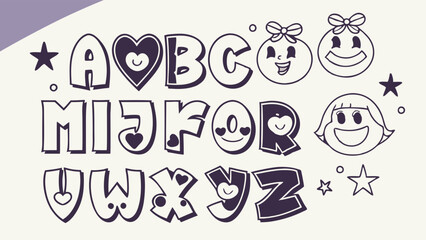 Cute Hand Drawn Alphabet Letters with Happy Cartoon Faces Hearts and Stars for Childrens Education Learning and Playful Design