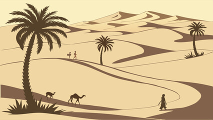 Desert Oasis Landscape with Caravan on an Enduring Journey Through Vast Sand Dunes and Palm Trees Vector Illustration for Travel Exploration