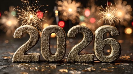 Luxurious 3D golden &ldquo;2026&rdquo; standing on a glossy black stage with sparkling fireworks and glowing confetti