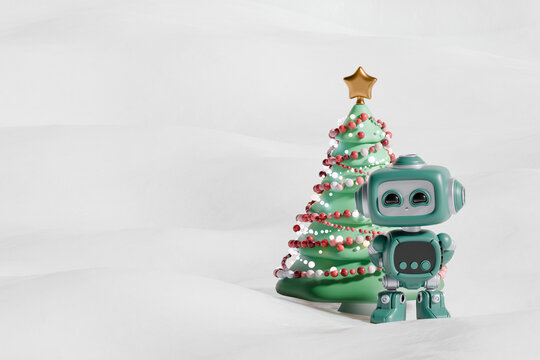 3d robot character beside decorated christmas tree in snow
