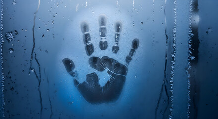 Handprint on Wet Glass, Monochrome Blue, Dramatic Lighting