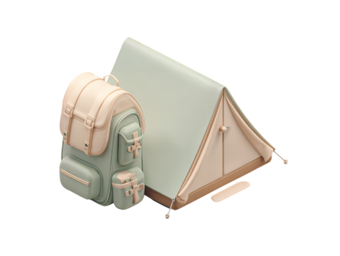 camping tent and backpack 3d style isolated on transparent background