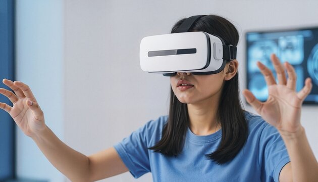 Teen girl experiencing virtual reality with headset in modern room  