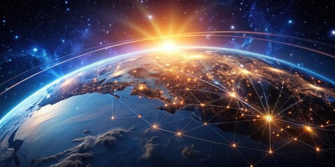 Obraz premium Global Network Illuminated A Sunrise Perspective of Interconnectedness Showing Communication Lines Across the Planet