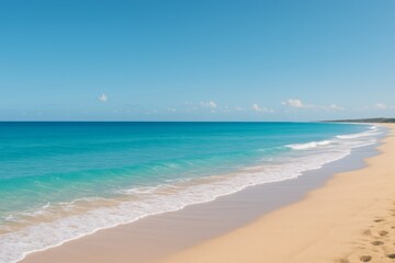Fototapeta premium Seashore Serenity: Turquoise ocean waves gently caress a pristine sandy beach under a clear blue sky, embodying tranquility and relaxation.