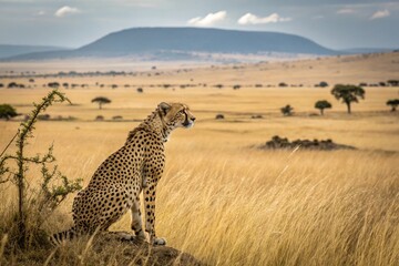 A cheetah is sitting in the grass in front of a tree