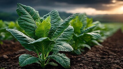 Tobacco plantation bright sunlight broad green leaves high resolution picture
