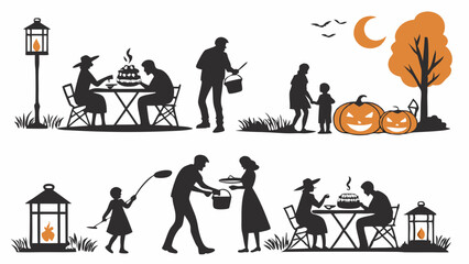 Happy Family Autumn Dinner Silhouettes Outdoors with Pumpkins and Lanterns. Cozy Fall Holiday Gathering for Thanksgiving and Halloween Celebrations