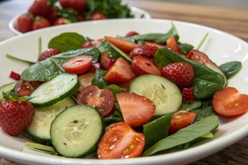 A bowl of salad with tomatoes, cucumbers, and strawberries