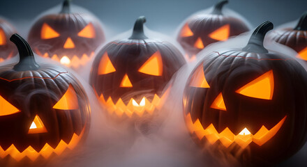 Spooky Jack-o'-Lanterns with Orange Light and Fog, Halloween Decor