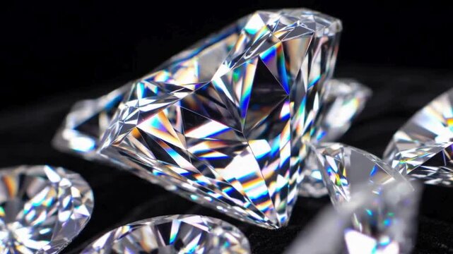 Close-up dolly shot of multiple brilliant-cut sparkling diamonds with rainbow light refractions on a black velvet background.