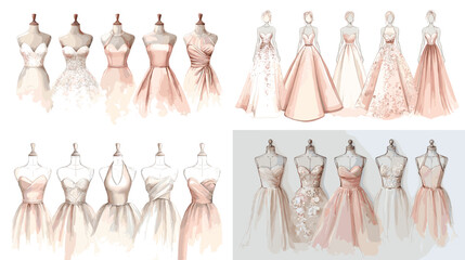 Elegant fashion design sketches of pink and beige evening dresses on mannequins. Stylish couture illustration for bridal, boutique, or designer concept artwork.