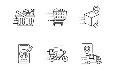 Set of Online Delivery icon, Food delivery, Store and Online Shopping thin line and pixel Symbol Outline icon Editable Stroke